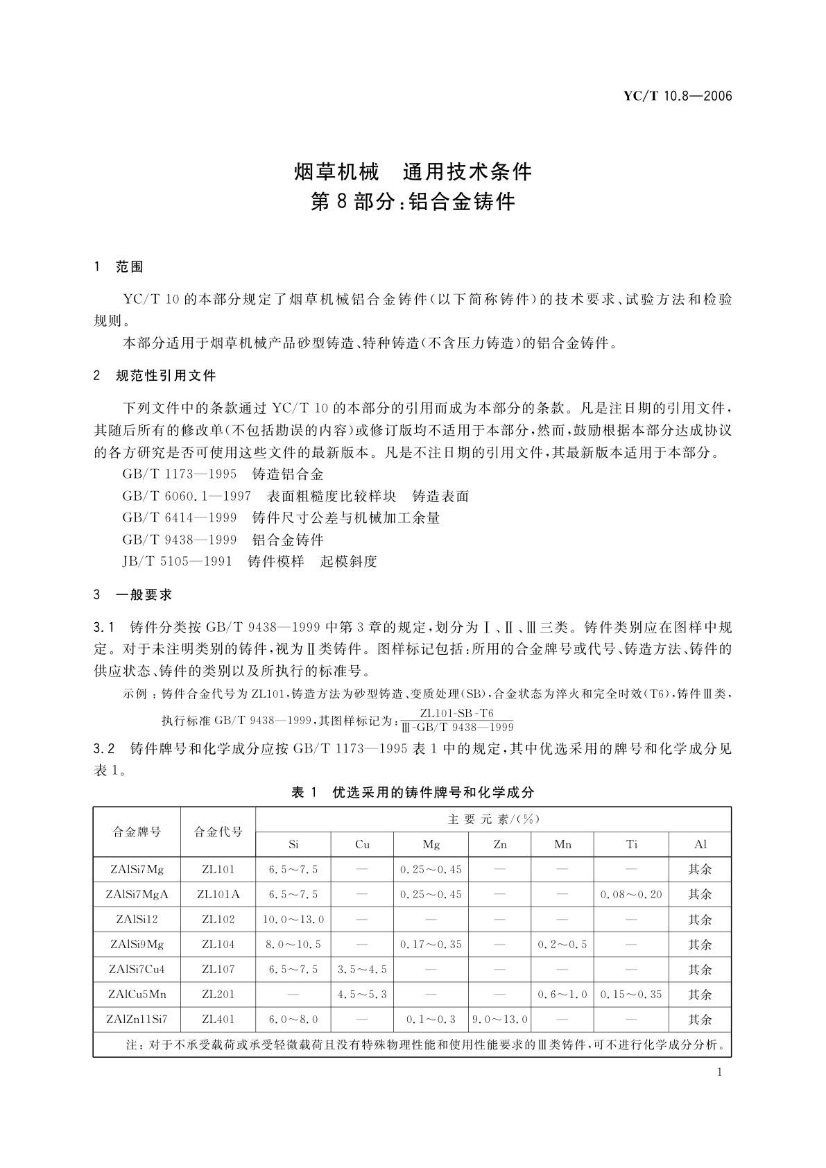 YC/T 10.8-2006 烟草机械　通用技术条件　第8部分：铝合金铸件