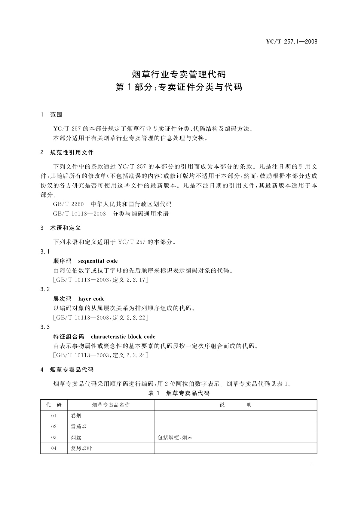 YC/T 257.1-2008 烟草行业专卖管理代码　第1部分:专卖证件分类与代码
