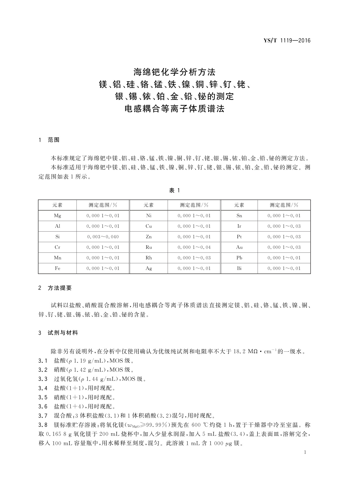 YS/T 1119-2016 海绵钯化学分析方法　镁、铝、硅、铬、锰、铁、镍、铜、锌、钌、铑、银、锡、铱、铂、金、铅、铋的测定　电感耦合等离子体质谱法