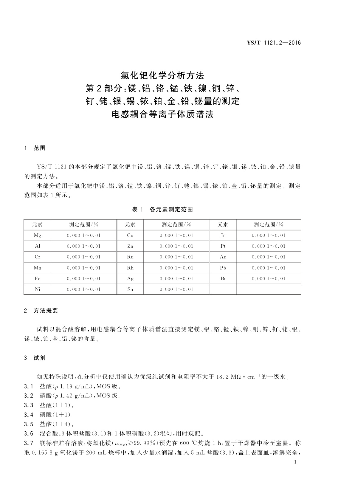 YS/T 1121.2-2016 氯化钯化学分析方法　第2部分：镁、铝、铬、锰、铁、镍、铜、锌、钌、铑、银、锡、铱、铂、金、铅、铋量的测定　电感耦合等离子体质谱法