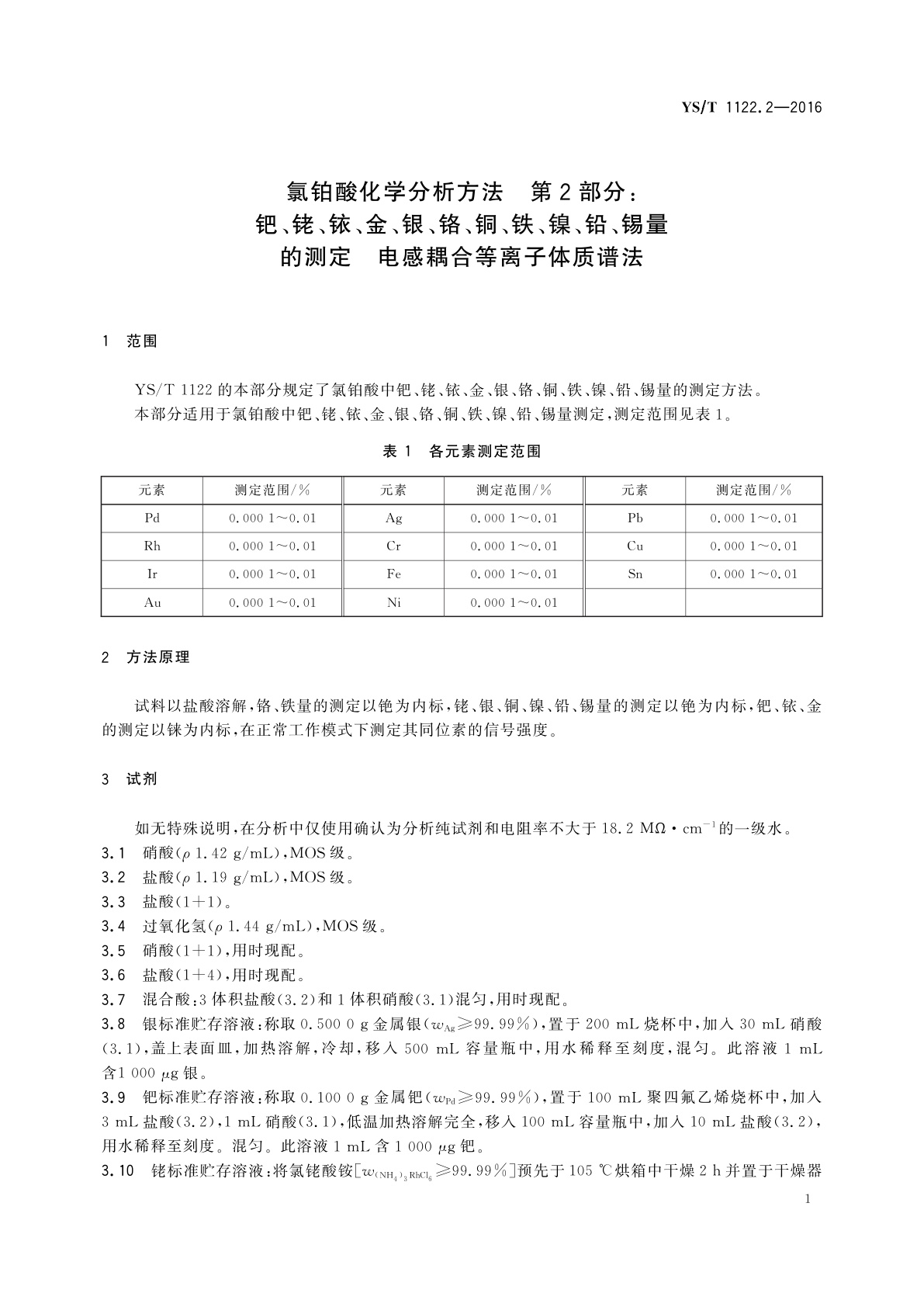 YS/T 1122.2-2016 氯铂酸化学分析方法　第2部分：钯、铑、铱、金、银、铬、铜、铁、镍、铅、锡量的测定　电感耦合等离子体质谱法