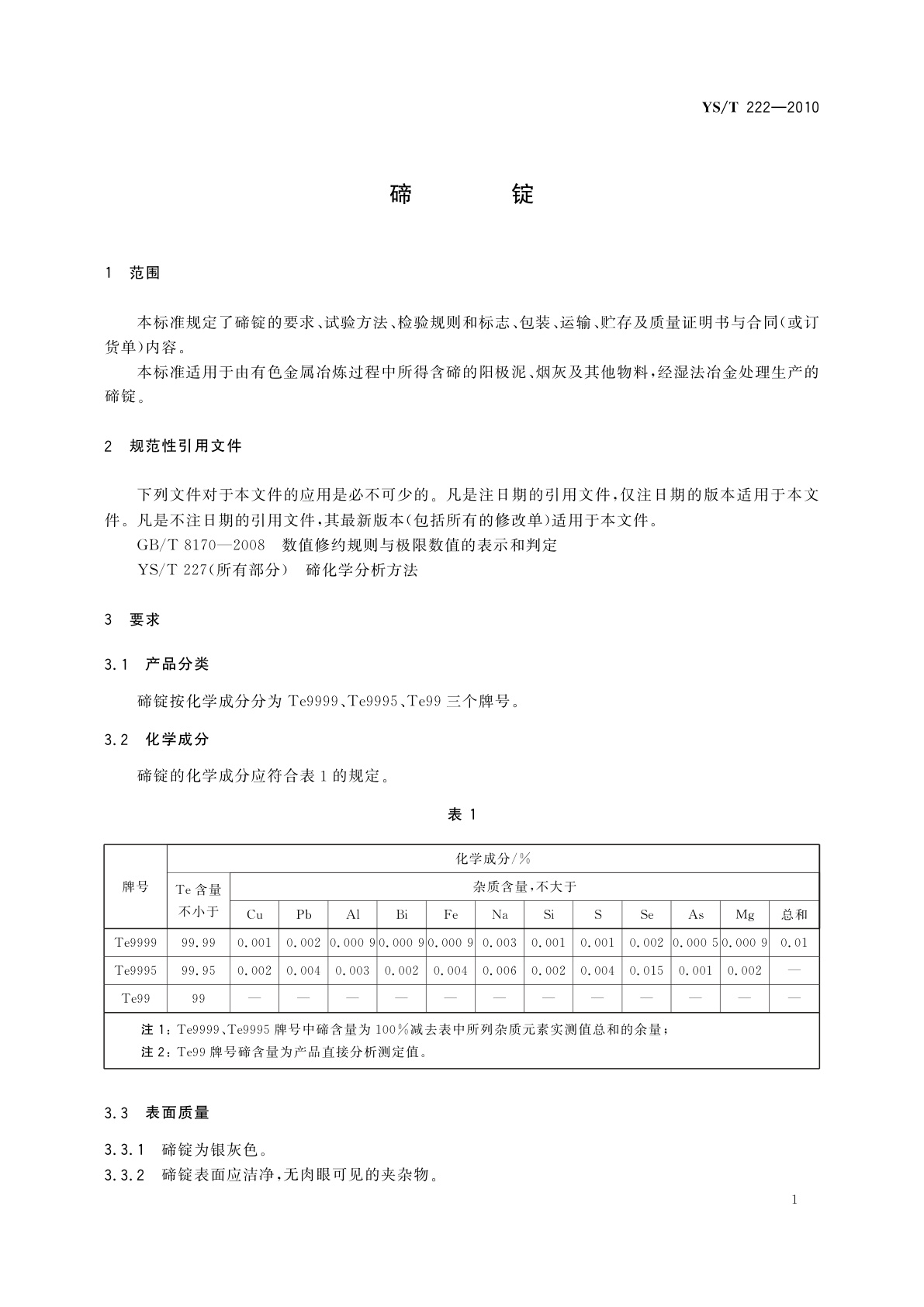 YS/T 222-2010 碲锭