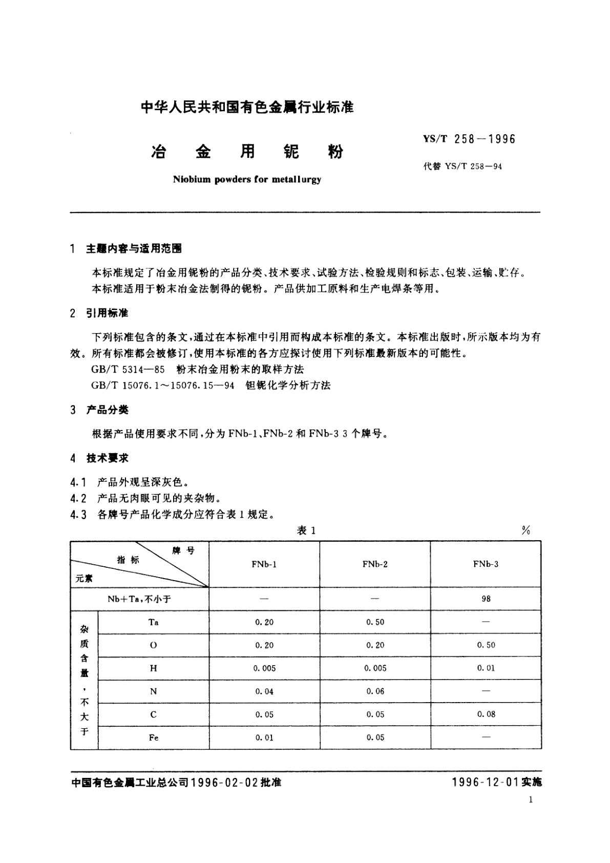 YS/T 258-1996 冶金用铌粉