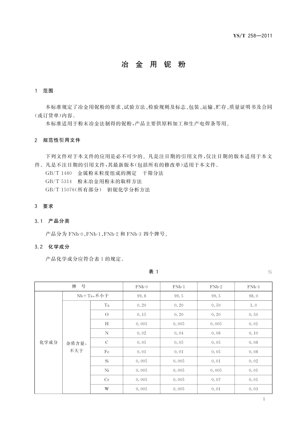 YS/T 258-2011 冶金用铌粉