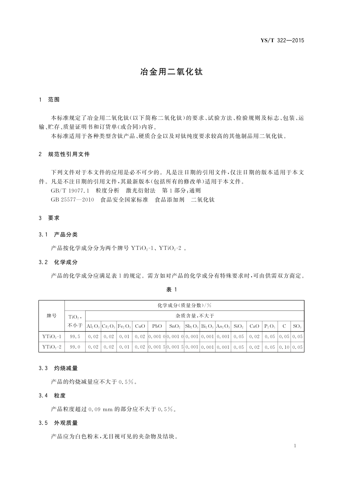 YS/T 322-2015 冶金用二氧化钛