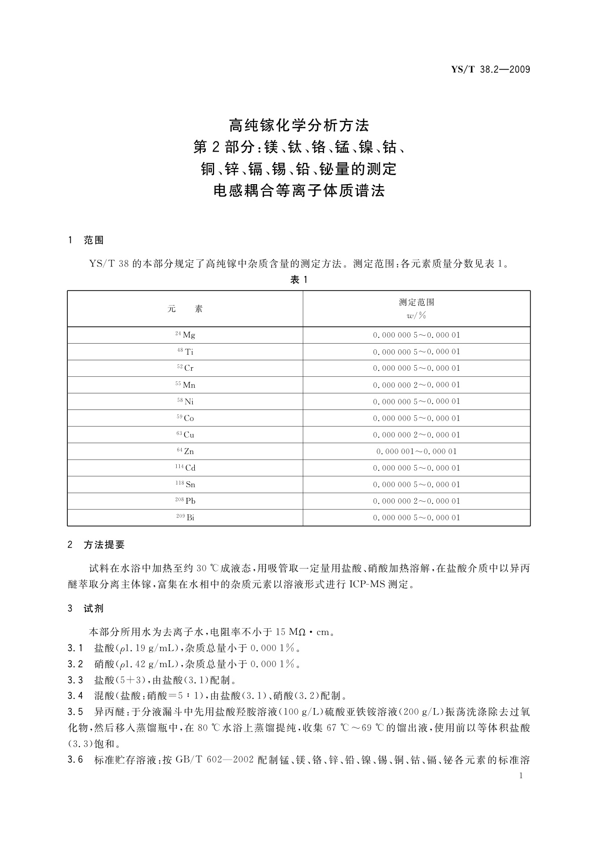 YS/T 38.2-2009 高纯镓化学分析方法　第2部分：镁、钛、铬、锰、镍、钴、铜、锌、镉、锡、铅、铋量的测定　电感耦合等离子体质谱法