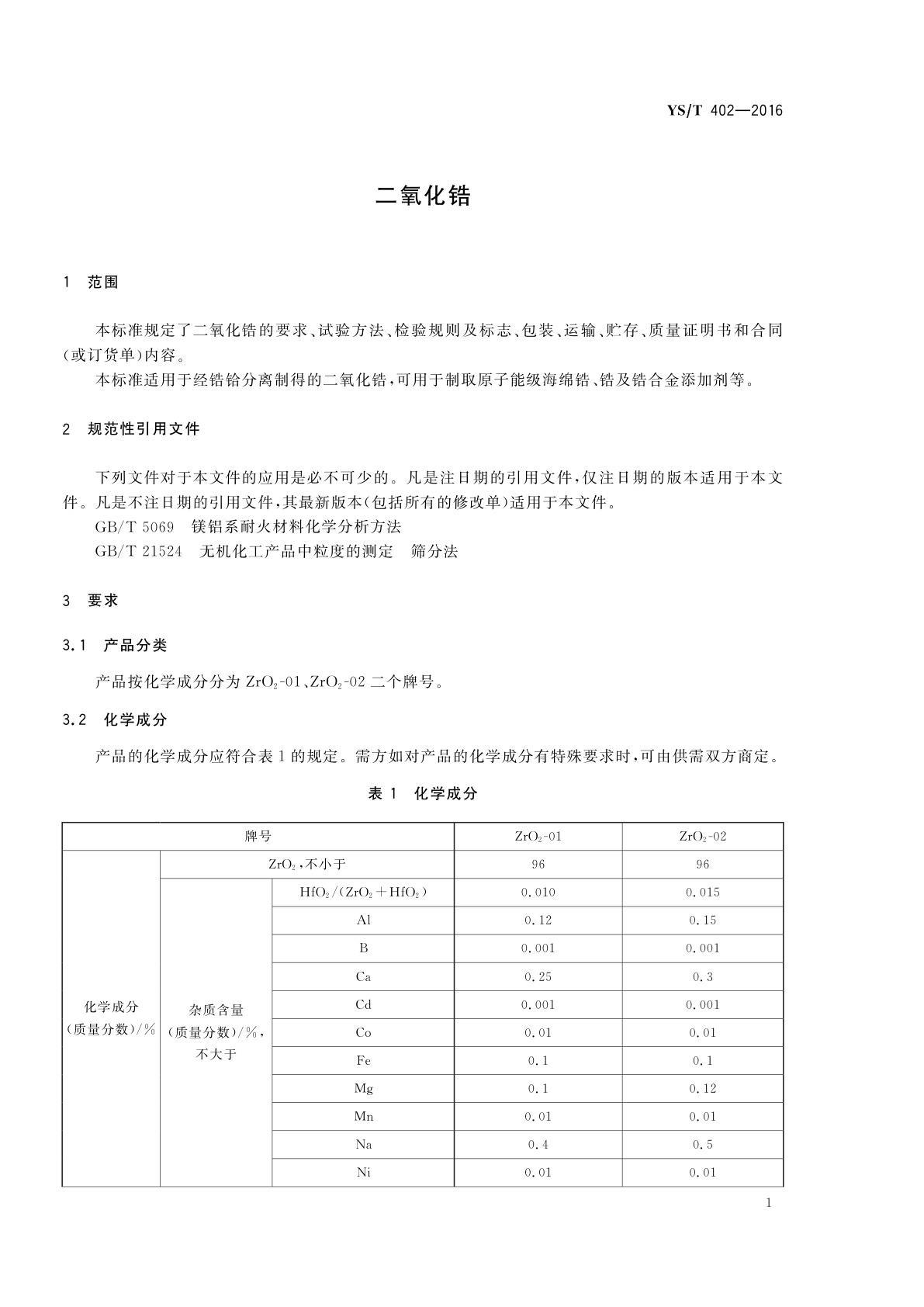 YS/T 402-2016 二氧化锆