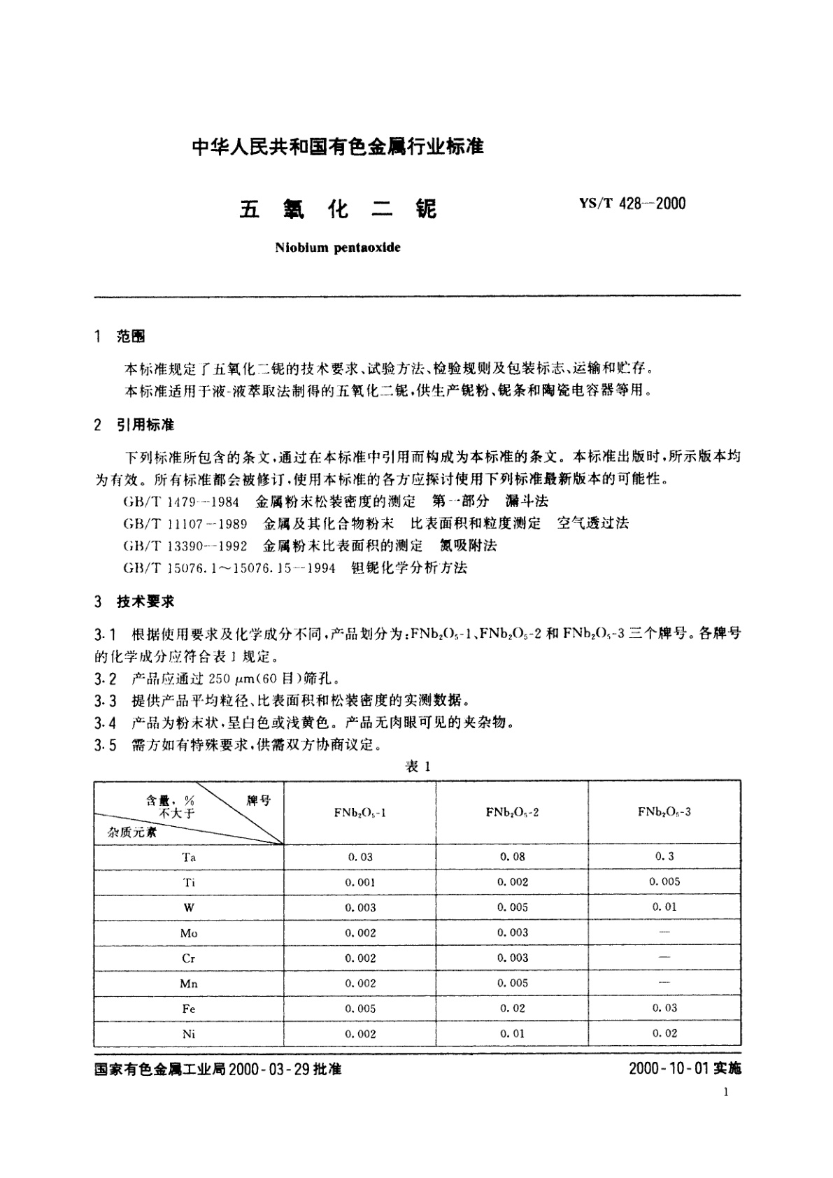 YS/T 428-2000 五氧化二铌