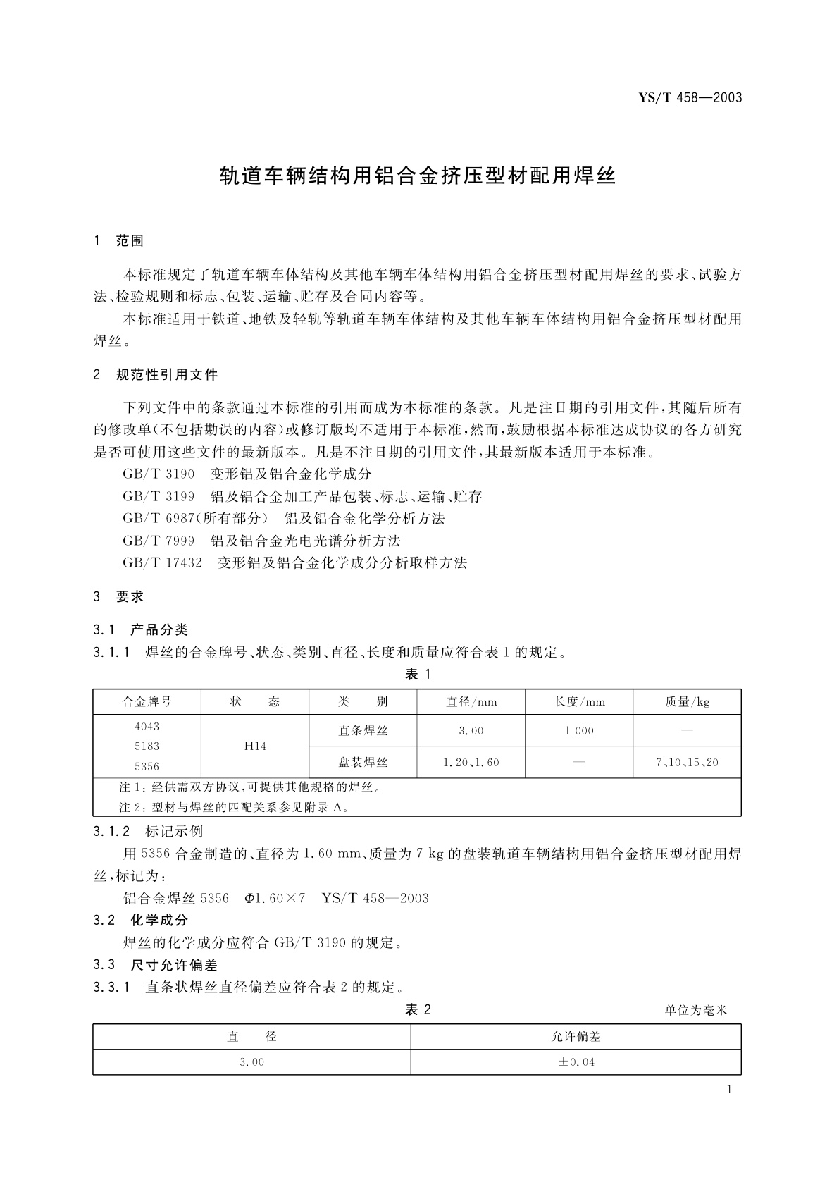 YS/T 458-2003 轨道车辆结构用铝合金挤压型材配用焊丝