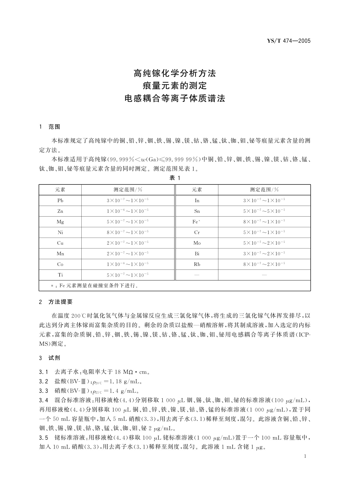 YS/T 474-2005 高纯镓化学分析方法   痕量元素的测定   电感耦合等离子体质谱法