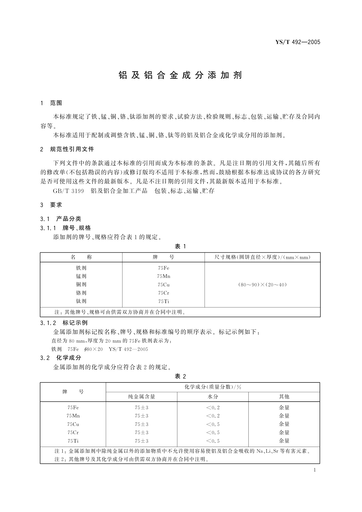 YS/T 492-2005 铝及铝合金成分添加剂