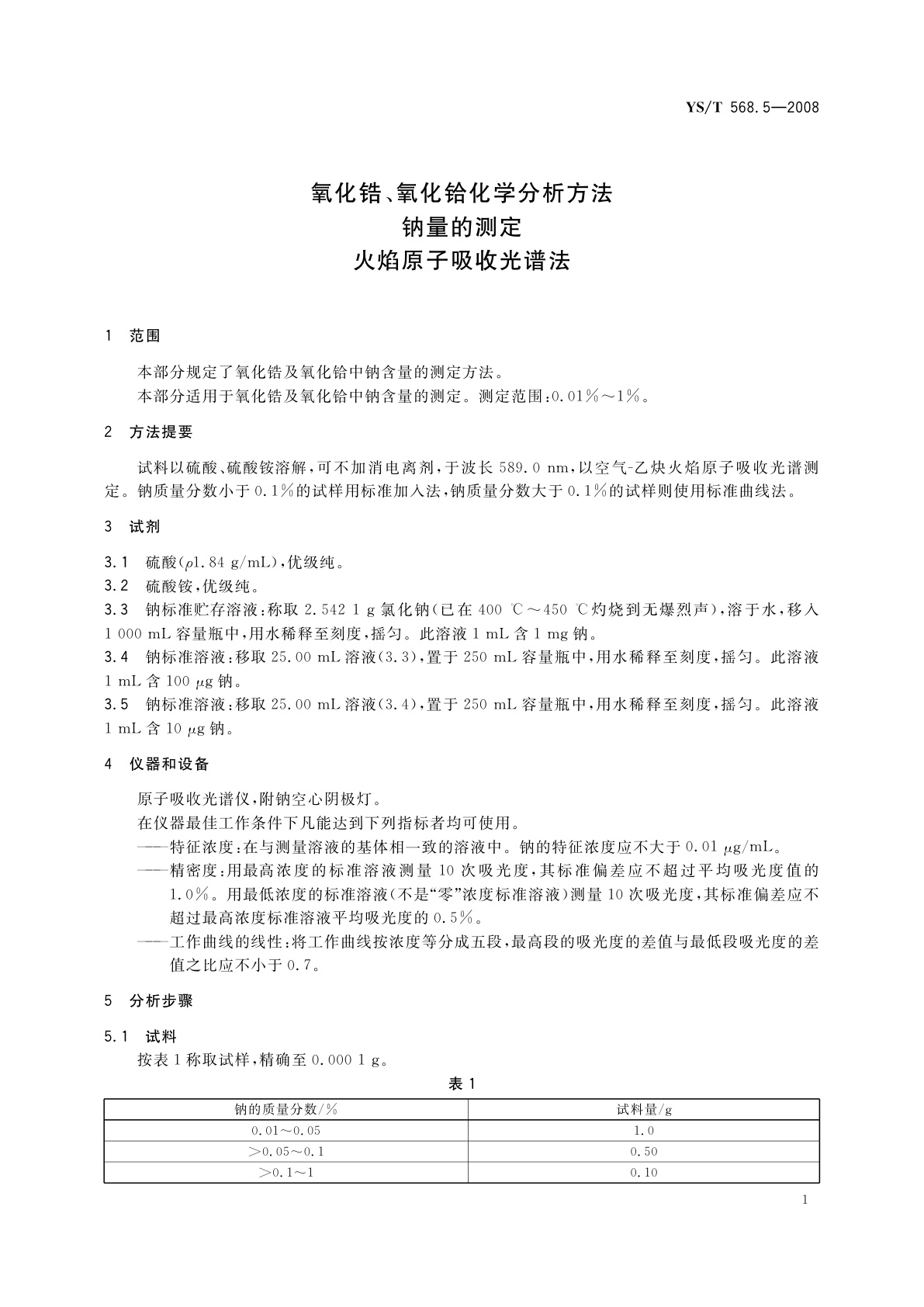 YS/T 568.5-2008 氧化锆、氧化铪化学分析方法　钠量的测定　火焰原子吸收光谱法
