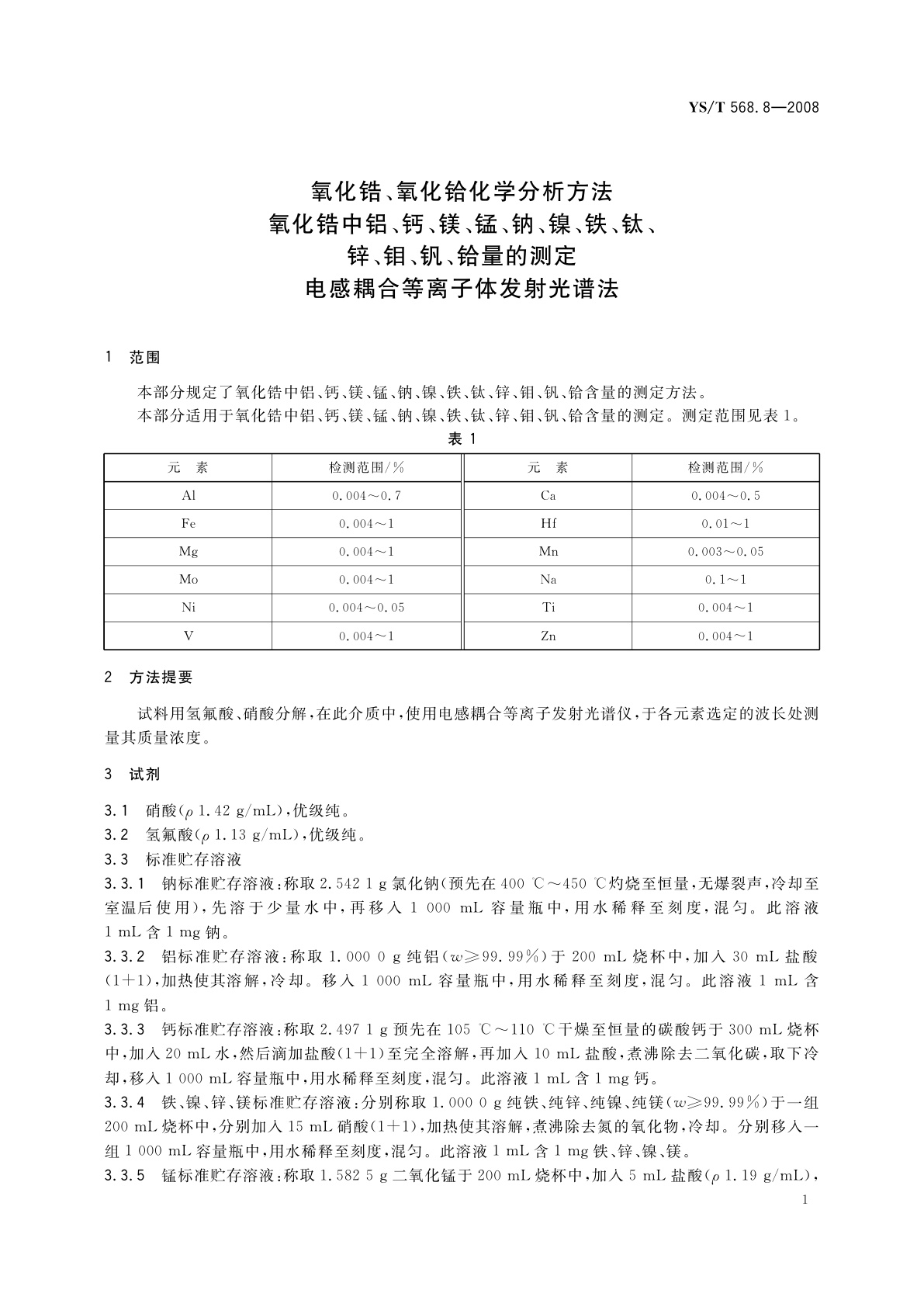 YS/T 568.8-2008 氧化锆、氧化铪化学分析方法　氧化锆中铝、钙、镁、锰、钠、镍、铁、钛、锌、钼、钒、铪量的测定　电感耦合等离子体发射光谱法
