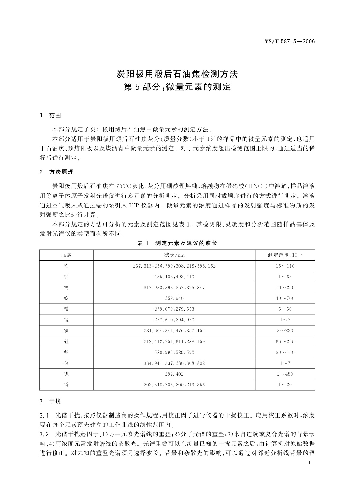 YS/T 587.5-2006 炭阳极用煅后石油焦检测方法   第5部分:微量元素的测定
