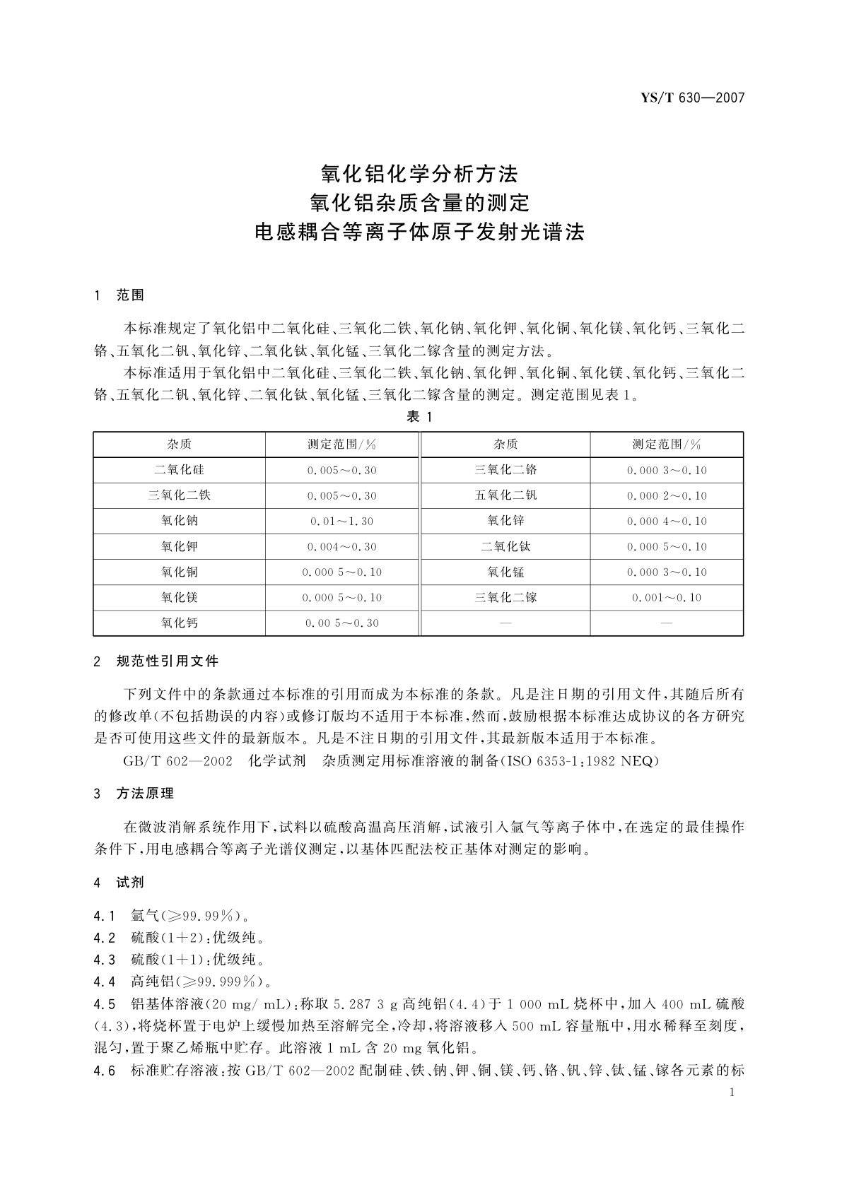 YS/T 630-2007 氧化铝化学分析方法   氧化铝杂质含量的测定   电感耦合等离子体原子发射光谱法