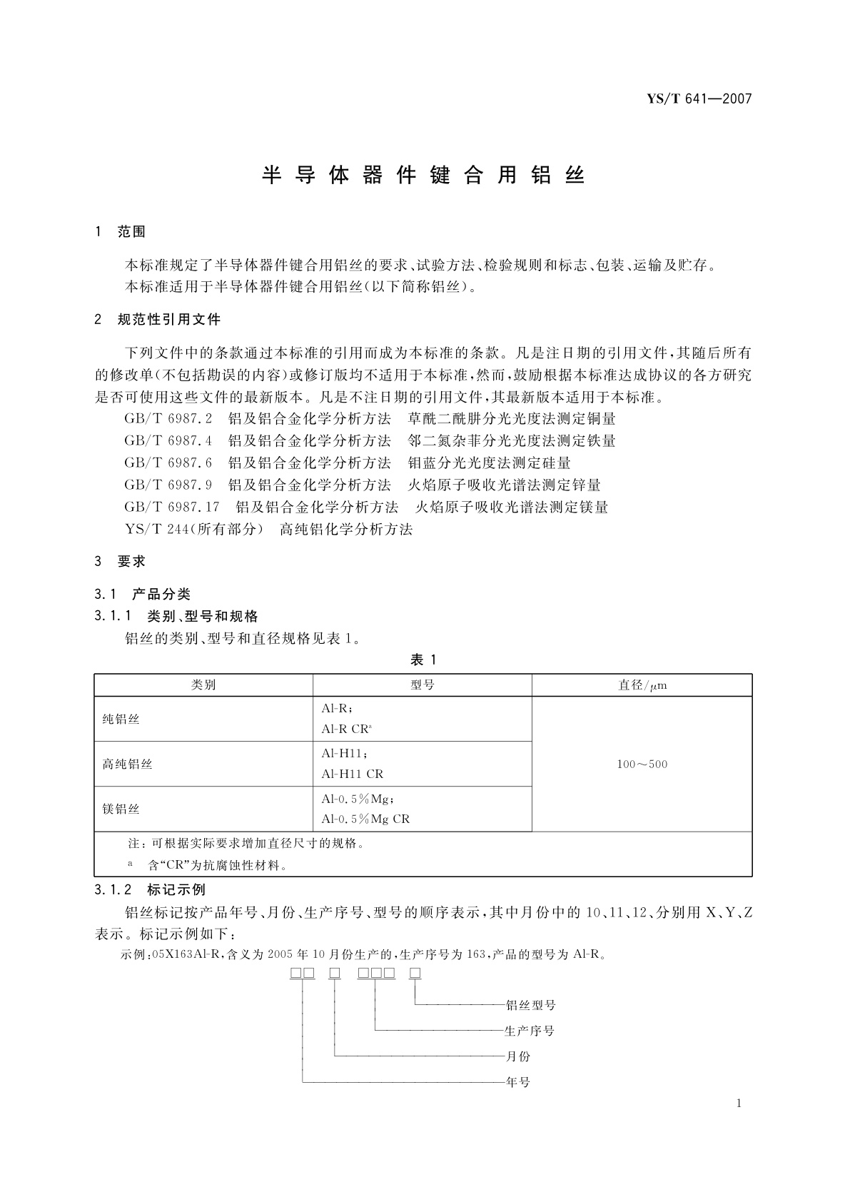 YS/T 641-2007 半导体器件键合用铝丝