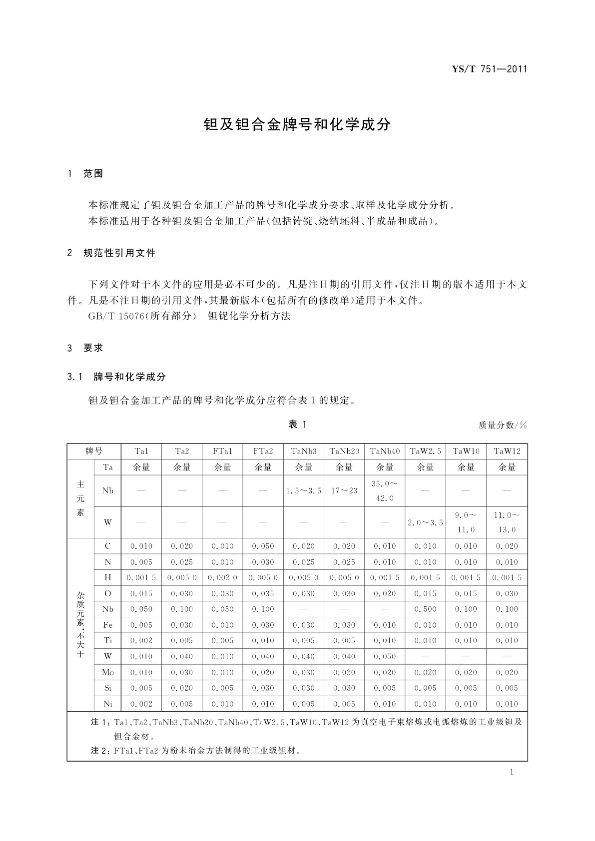 YS/T 751-2011 钽及钽合金牌号和化学成分