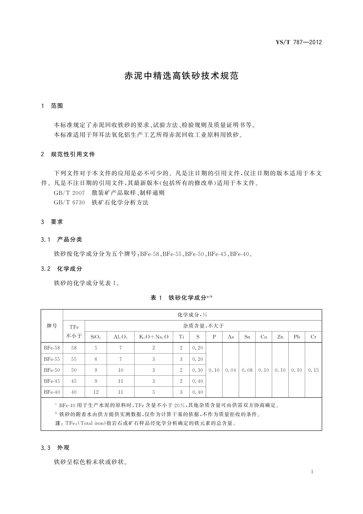 YS/T 787-2012 赤泥中精选高铁砂技术规范