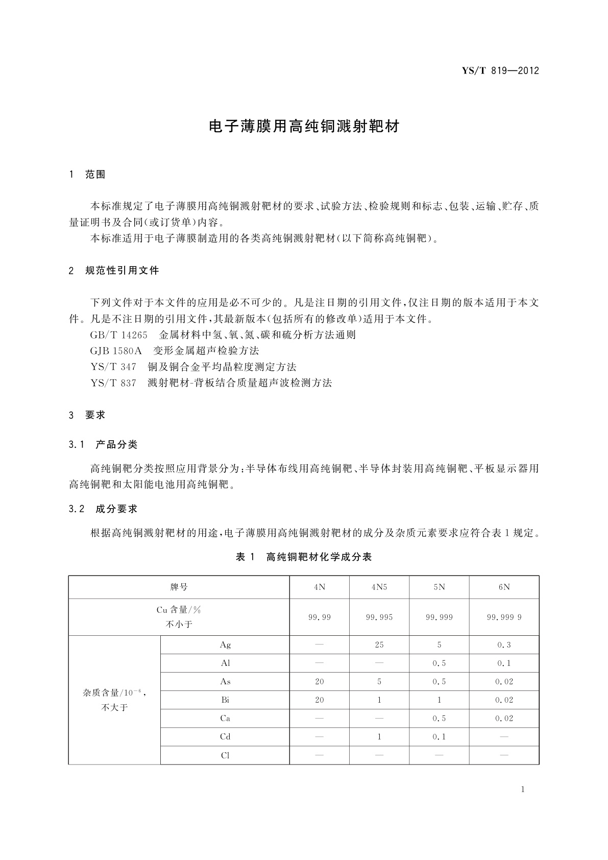 YS/T 819-2012 电子薄膜用高纯铜溅射靶材