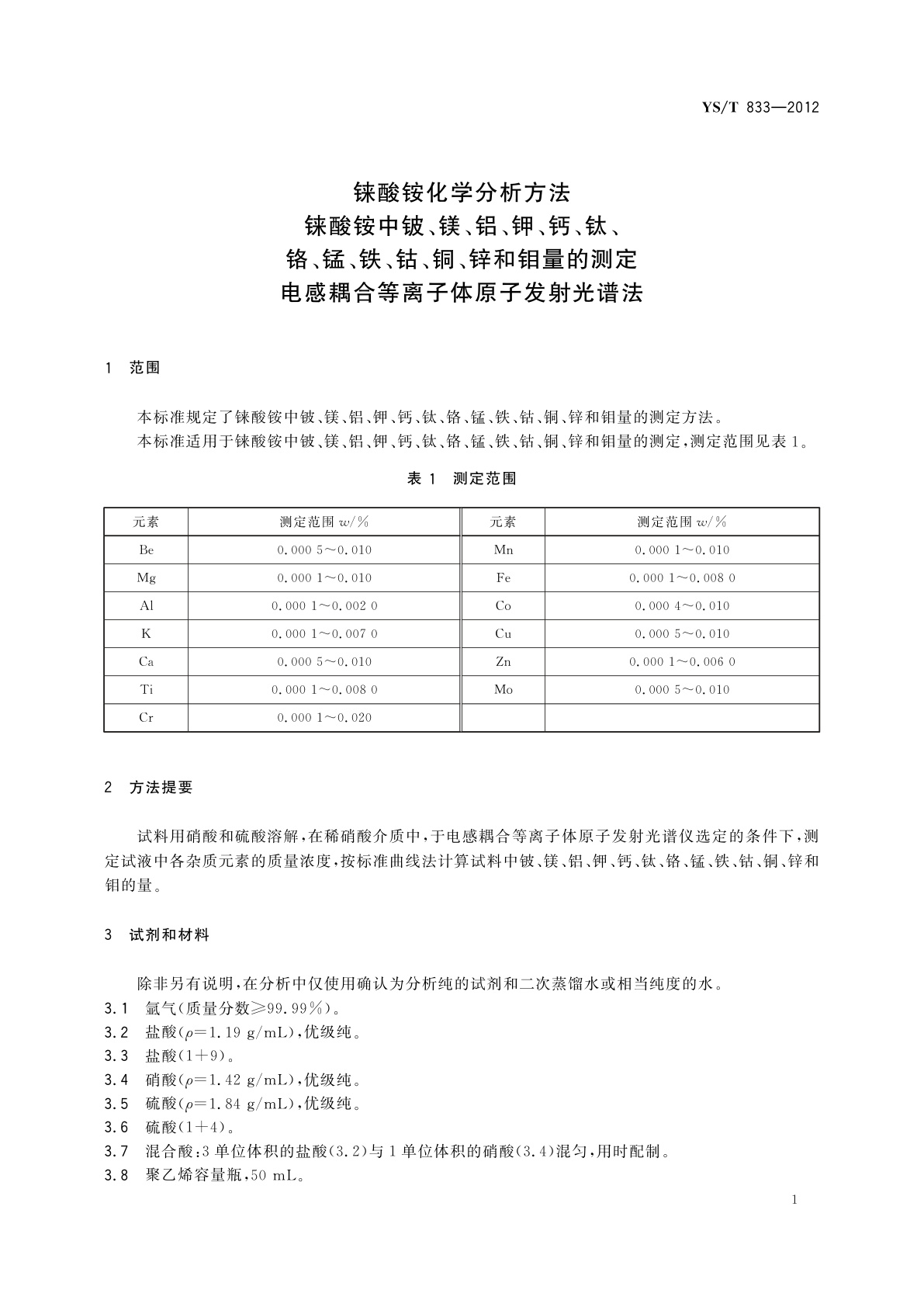 YS/T 833-2012 铼酸铵化学分析方法　铼酸铵中铍、镁、铝、钾、钙、钛、铬、锰、铁、钴、铜、锌和钼量的测定　电感耦合等离子体原子发射光谱法