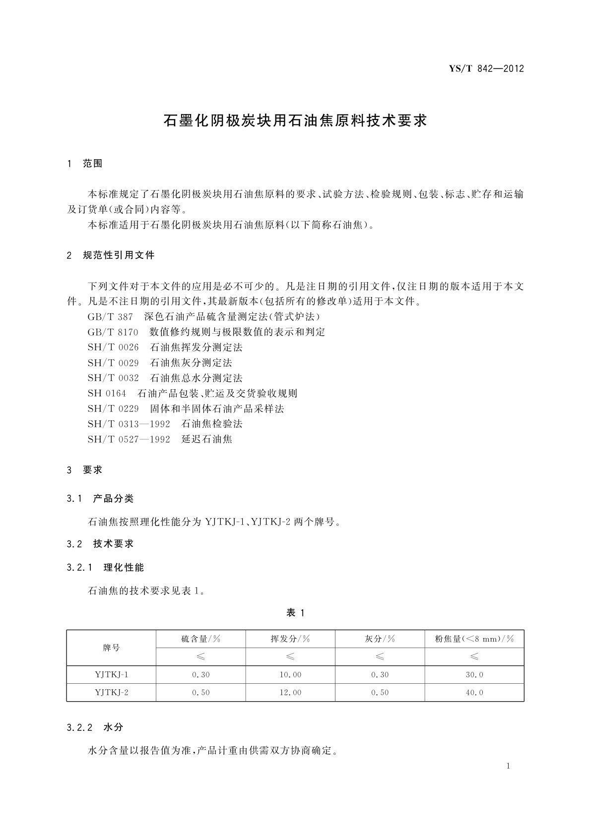 YS/T 842-2012 石墨化阴极炭块用石油焦原料技术要求