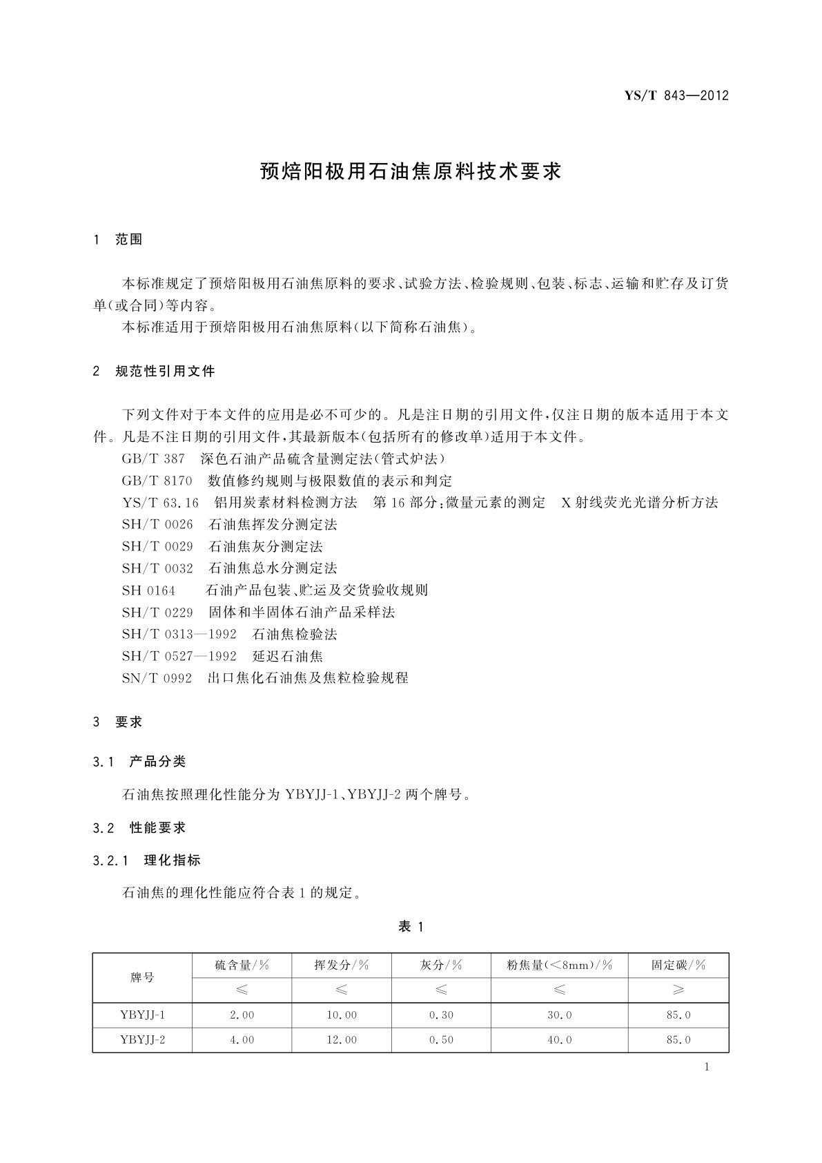 YS/T 843-2012 预焙阳极用石油焦原料技术要求