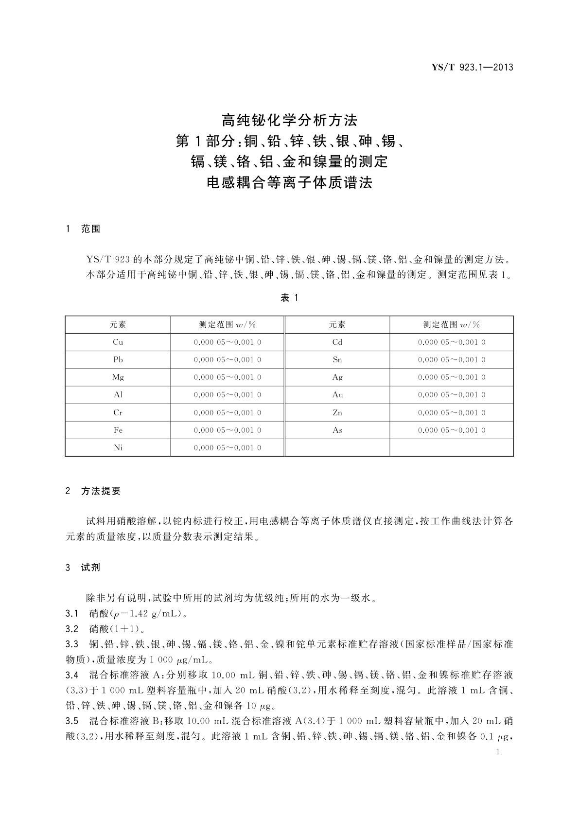 YS/T 923.1-2013 高纯铋化学分析方法　第1部分：铜、铅、锌、铁、银、砷、锡、镉、镁、铬、铝、金和镍量的测定　电感耦合等离子体质谱法