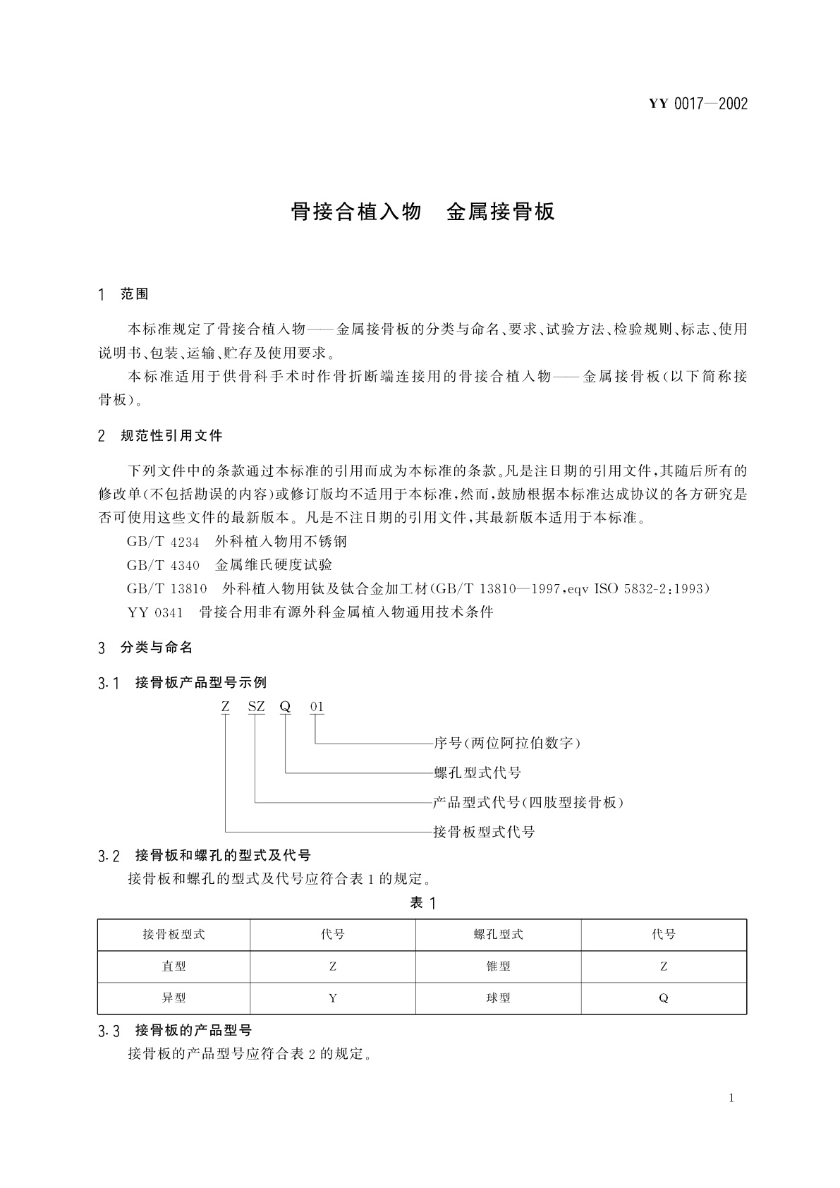 YY 0017-2002 骨接合植入物  金属接骨板