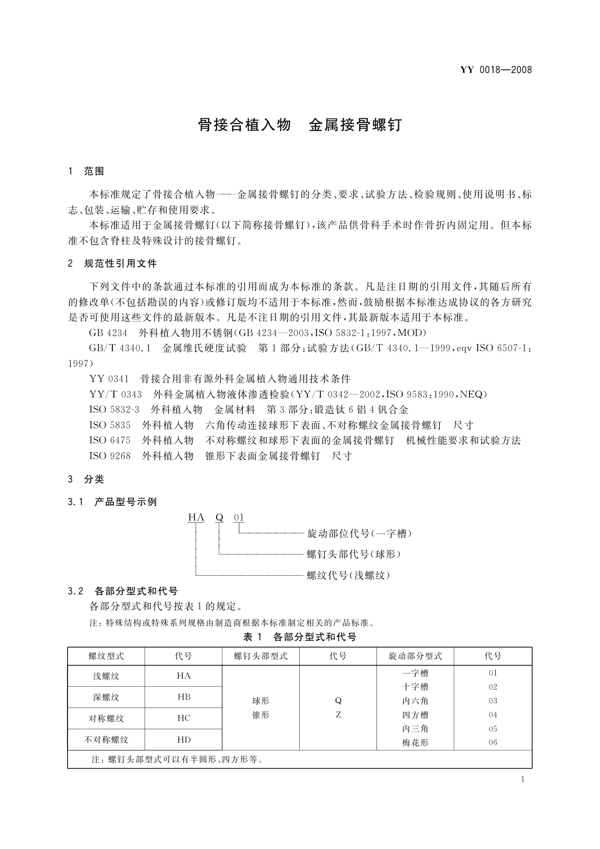 YY 0018-2008 骨接合植入物　金属接骨螺钉
