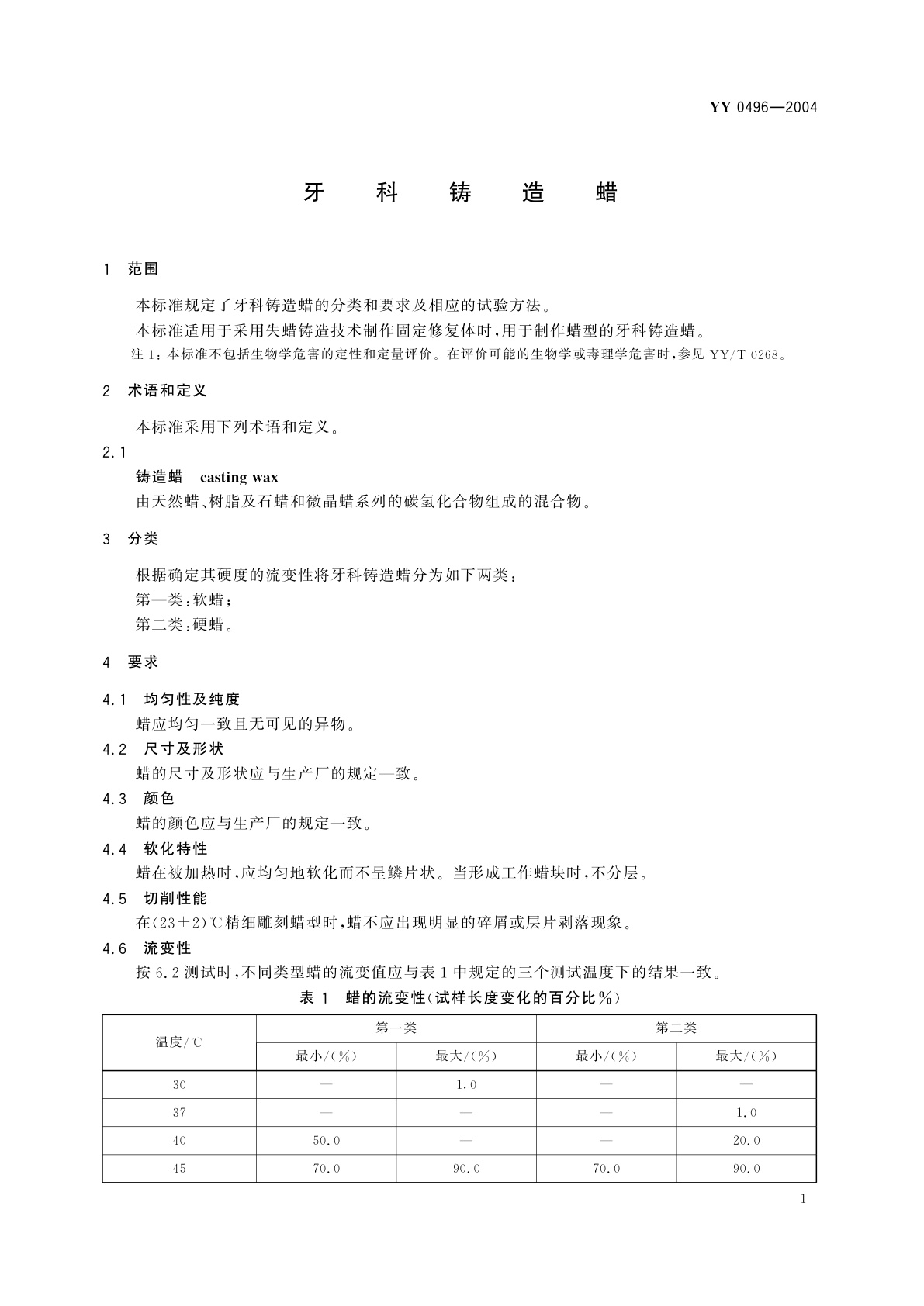 YY 0496-2004 牙科铸造蜡