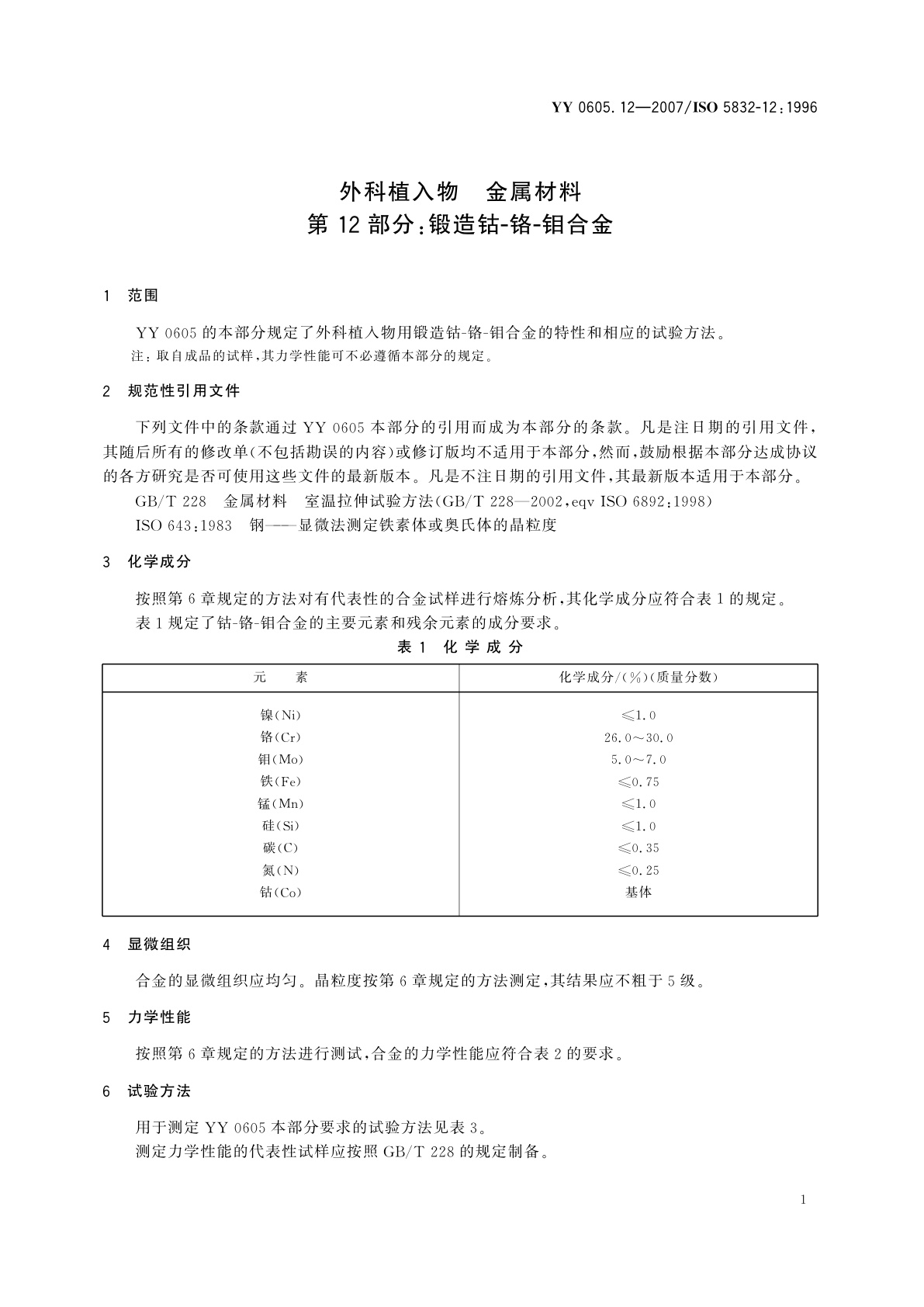 YY 0605.12-2007 外科植入物  金属材料  第12部分:锻造钴-铬-钼合金
