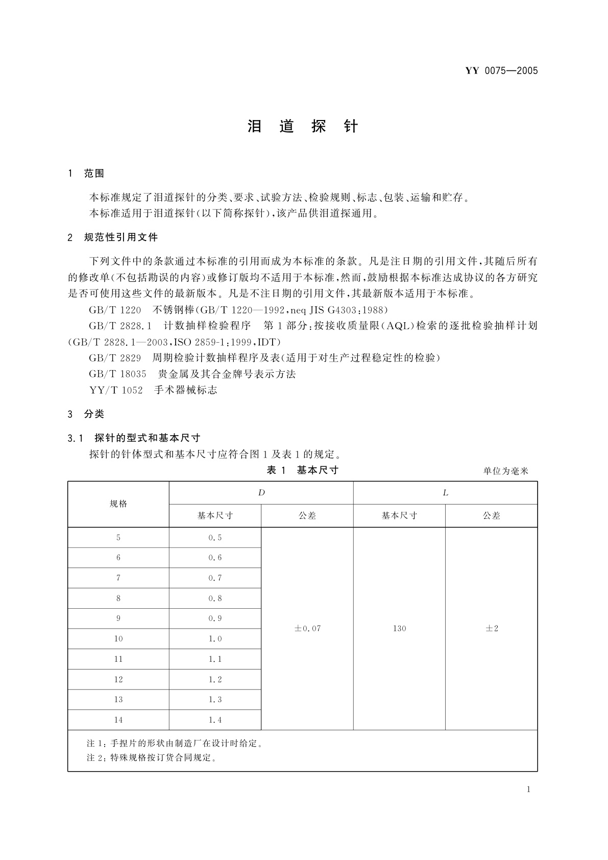 YY/T 0075-2005 泪道探针