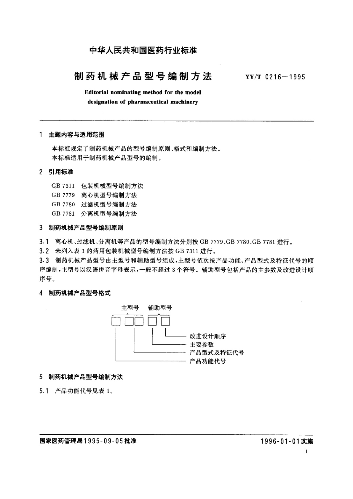 YY/T 0216-1995 制药机械产品型号编制方法