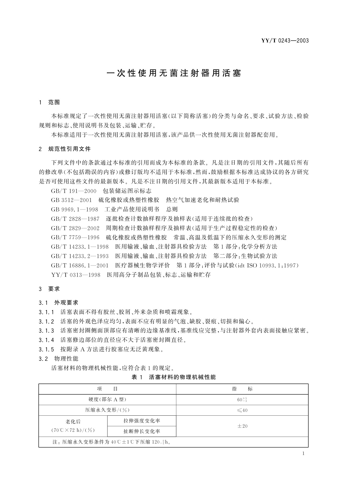 YY/T 0243-2003 一次性使用无菌注射器用活塞