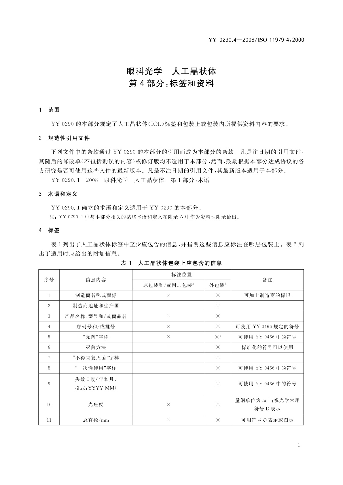 YY/T 0290.4-2008 眼科光学　人工晶状体　第4部分：标签和资料