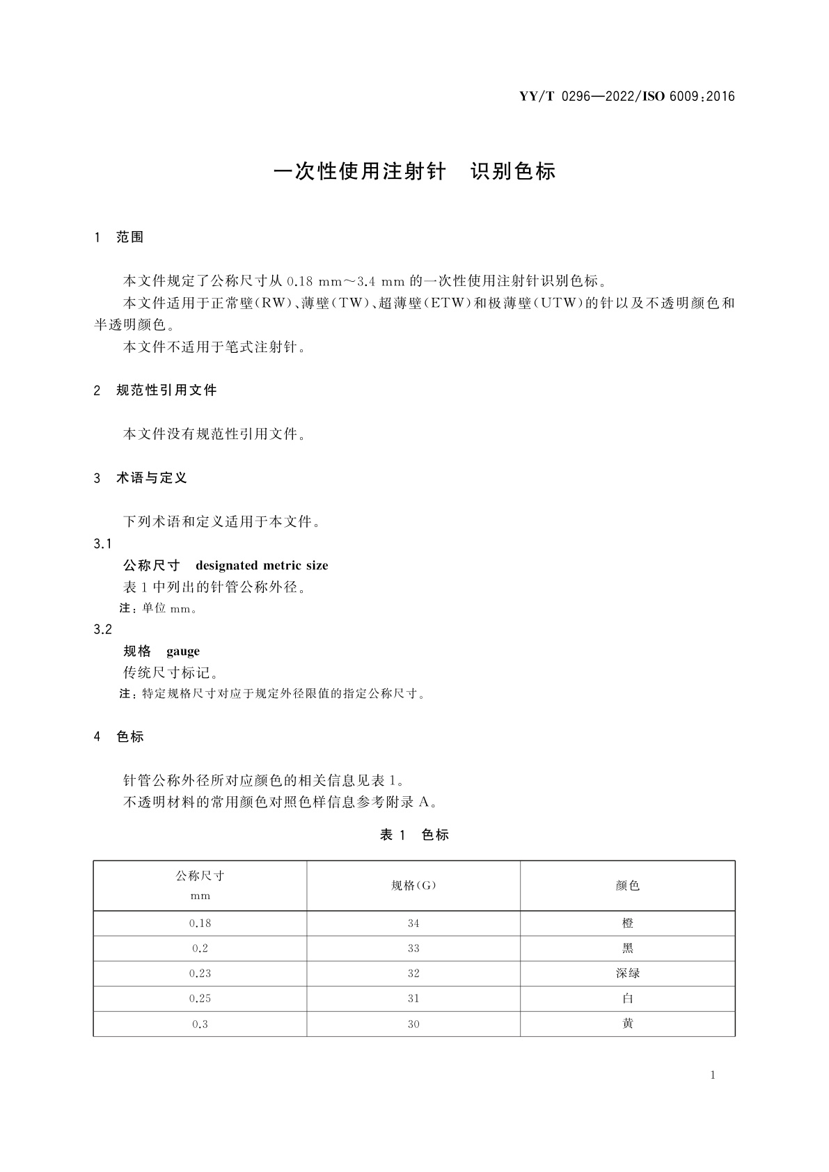 YY/T 0296-2022 一次性使用注射针　识别色标