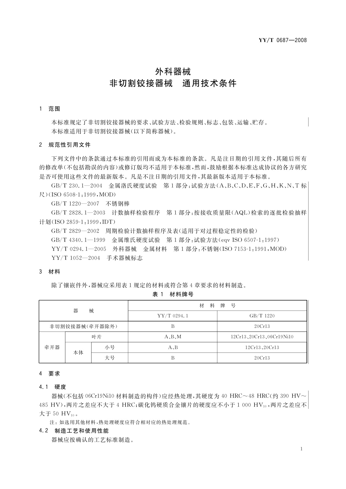 YY/T 0687-2008 外科器械　非切割铰接器械　通用技术条件