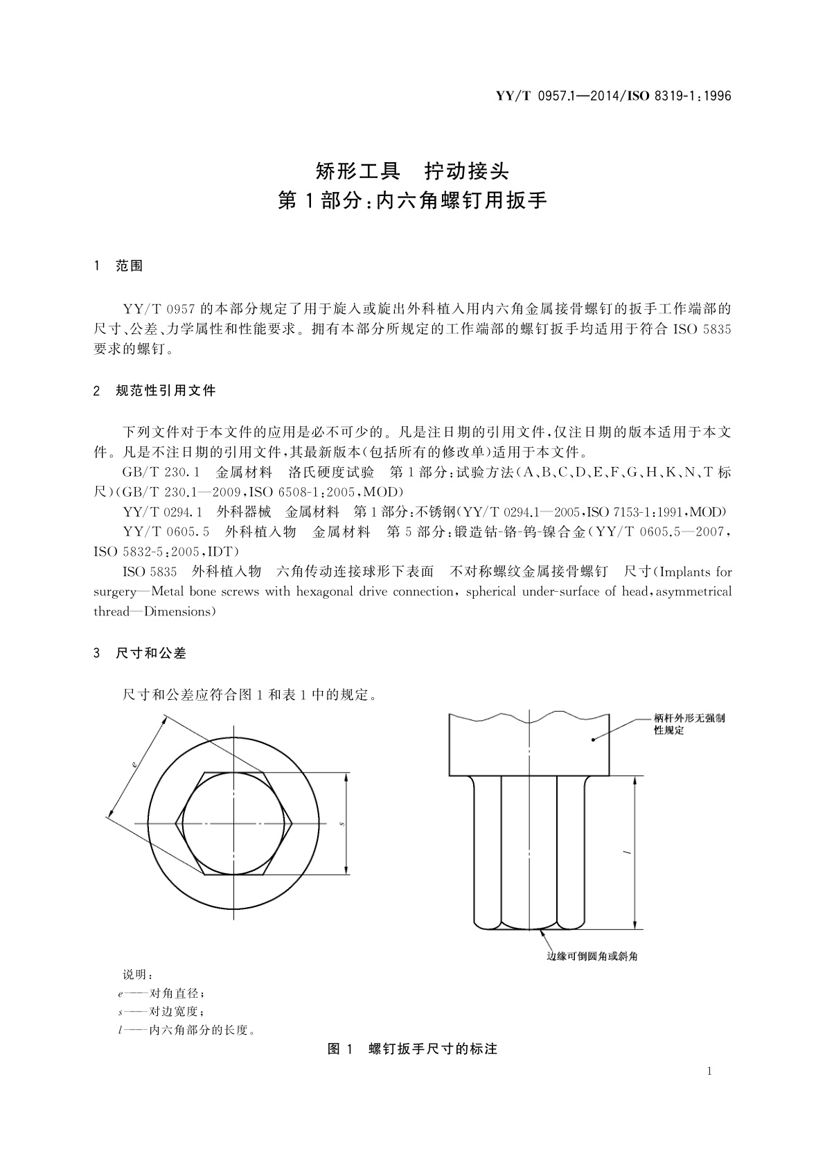 YY/T 0957.1-2014 矫形工具　拧动接头　第1部分：内六角螺钉用扳手