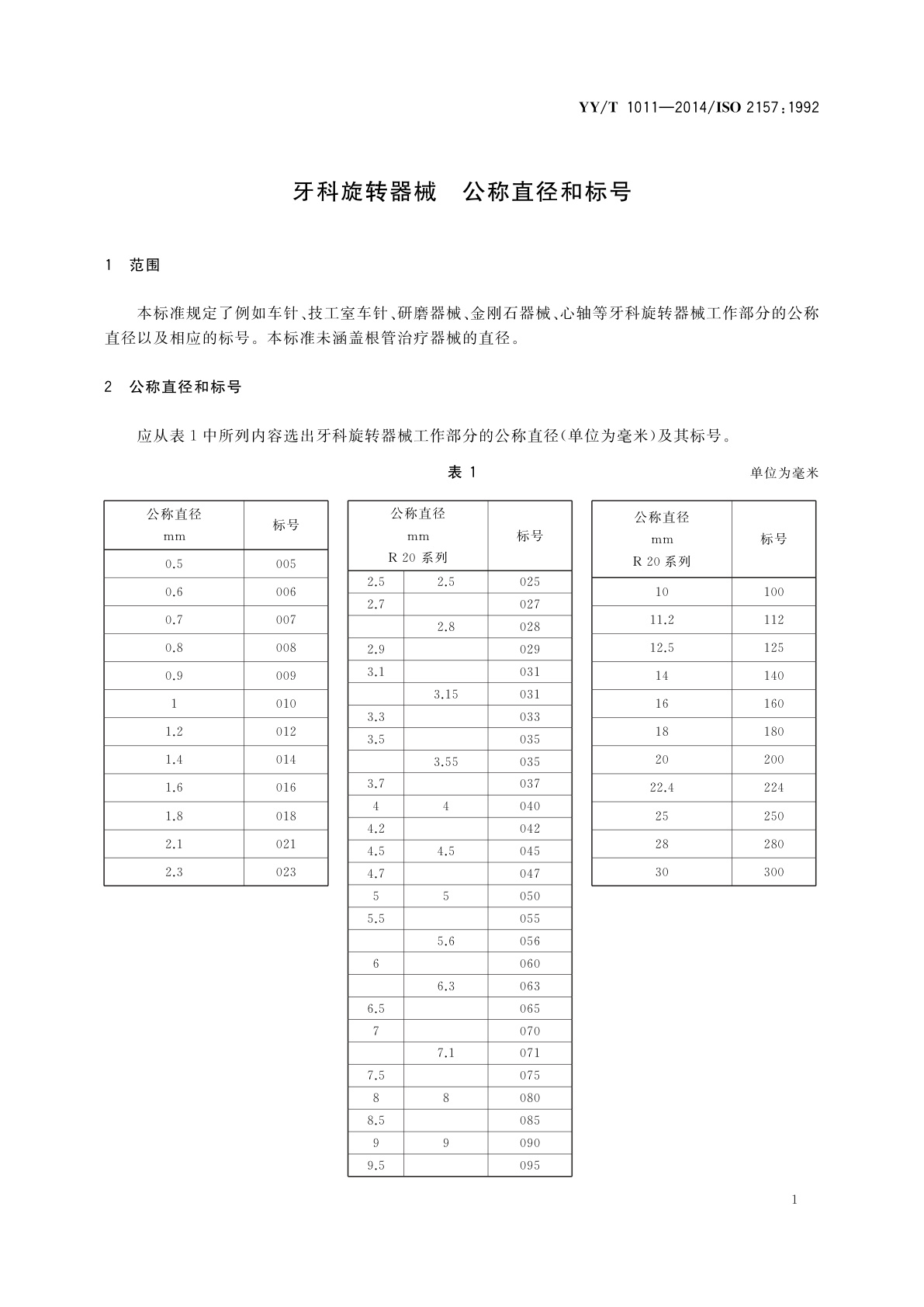 YY/T 1011-2014 牙科旋转器械　公称直径和标号