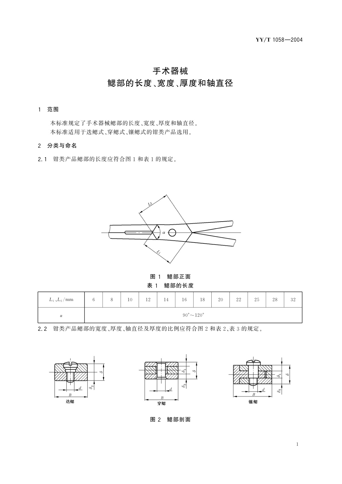 YY/T 1058-2004 手术器械  鳃部的长度、宽度、厚度和轴直径