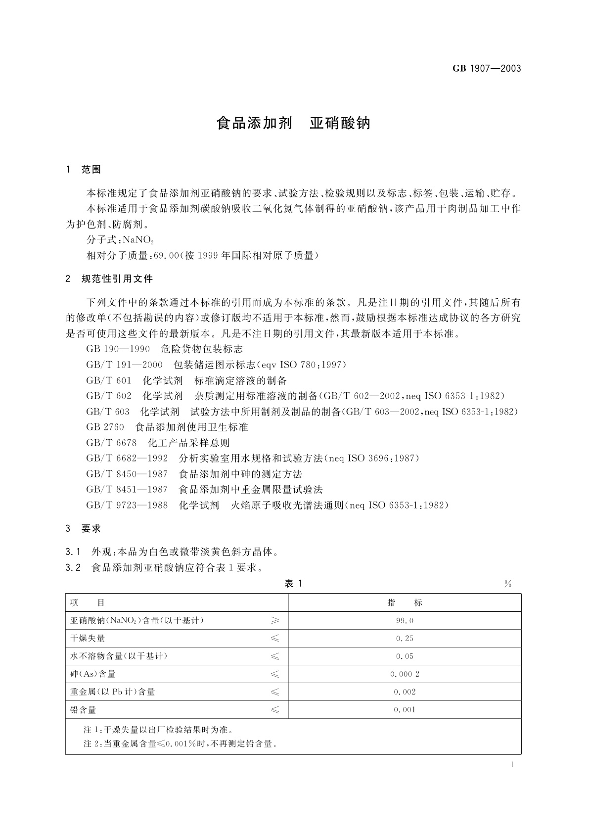 GB 1907-2003 食品添加剂　亚硝酸钠
