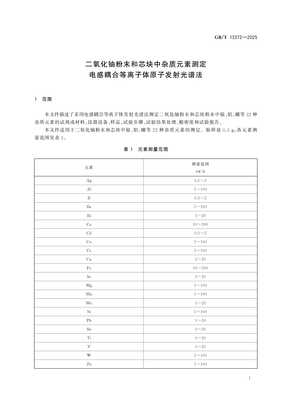 GB/T 13372-2025 二氧化铀粉末和芯块中杂质元素测定　电感耦合等离子体原子发射光谱法