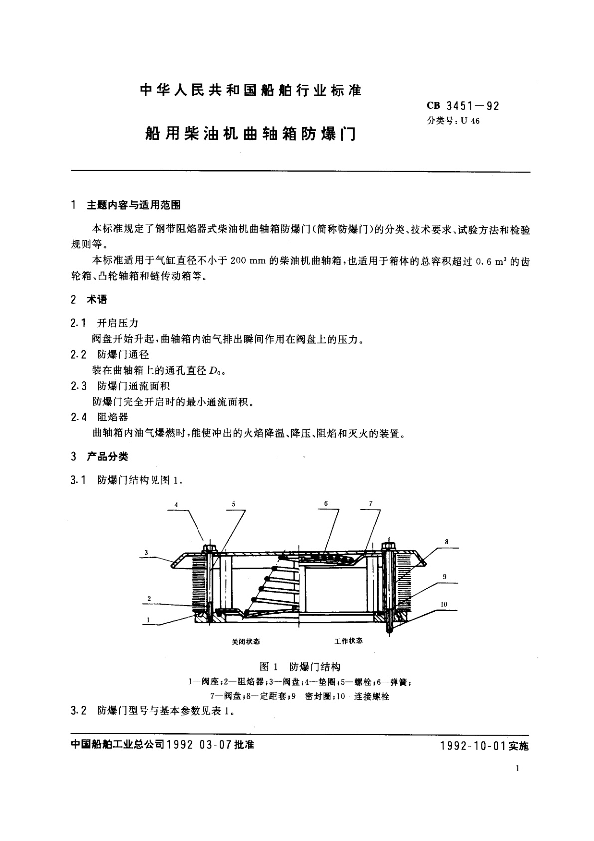 CB 3451-1992 船用柴油机曲轴箱防爆门