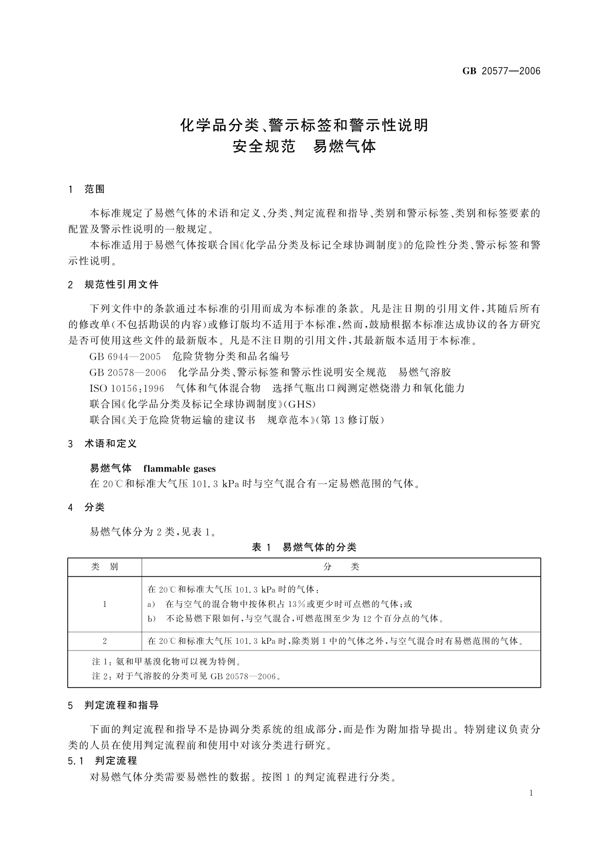GB 20577-2006 化学品分类、警示标签和警示性说明安全规范　易燃气体